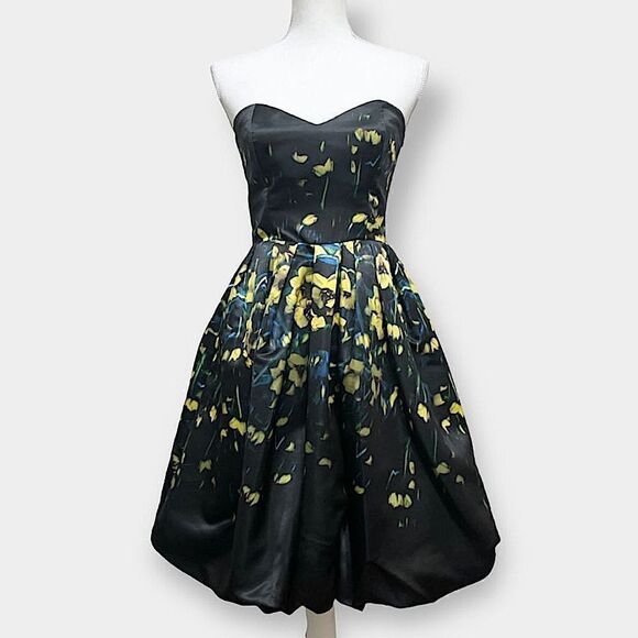 Parker Remi Black & Yellow Floral Satin Strapless Fit N Flare Cocktail Dress 2 - Picture 2 of 9